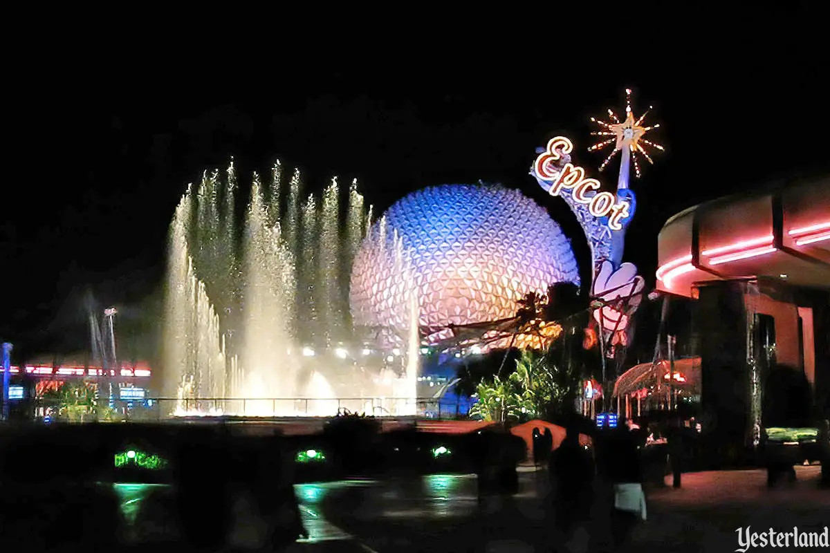 Epcot Icon Tower and Spaceship Earth with fountain at night