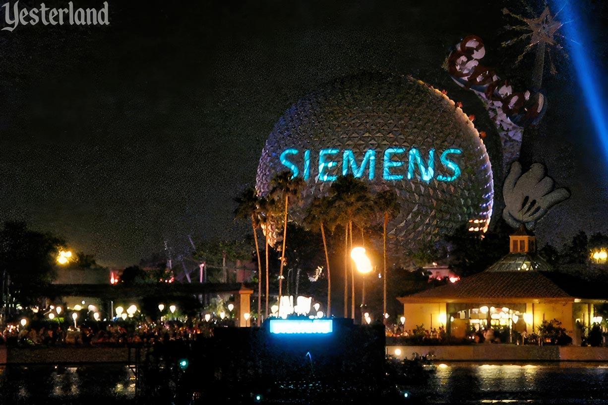Spaceship Earth at night with Siemens projection