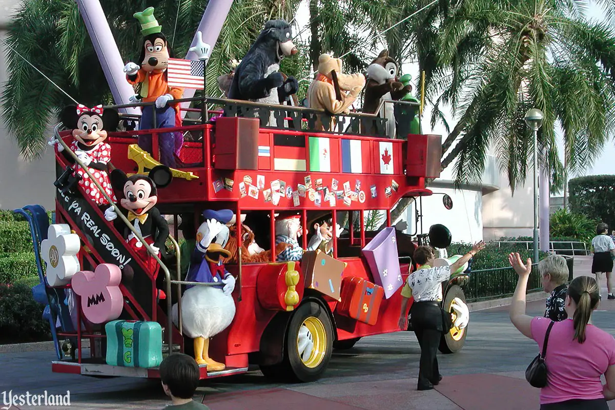 Characters on Holiday double-decker bus at Epcot