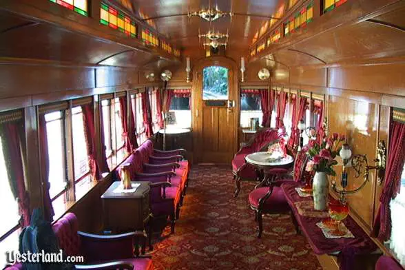 Interior of Lilly Belle parlor car on the Disneyland Railroad