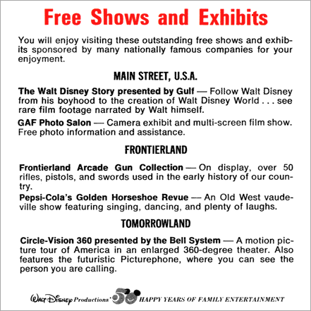 Listing of Free Shows and Exhibits in the Disneyland Guide<br>(© 1973 Walt Disney Productions)