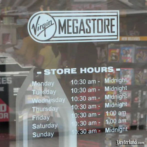 Store hours on door of Virgin Megastore at Downtown Disney, Walt Disney World