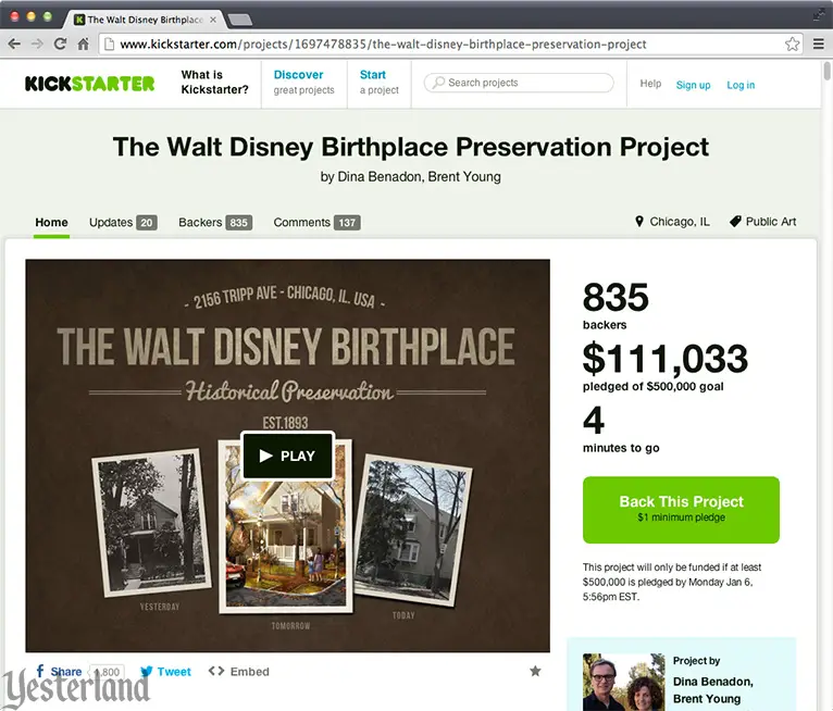 Kickstarter for Walt Disney Birthplace in Chicago