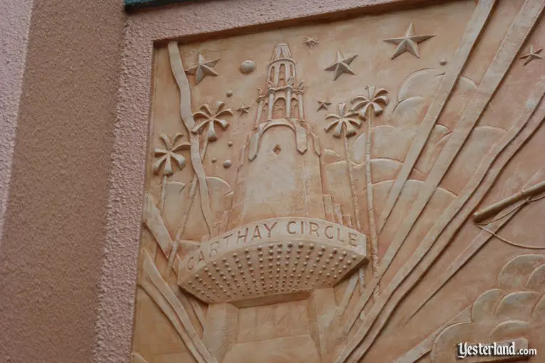 Bas relief detail showing the Carthay Circle Theatre tower (2011 photo)